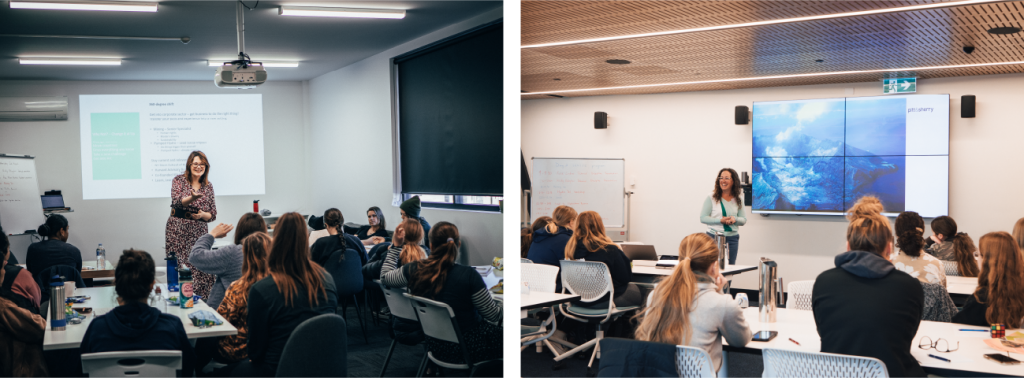 Two photos side by side, showing women in STEM giving presentations to young women in high school.